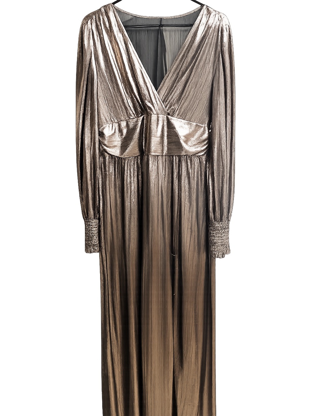 Metallic Bronze Long Sleeve V-Neck Maxi Dress